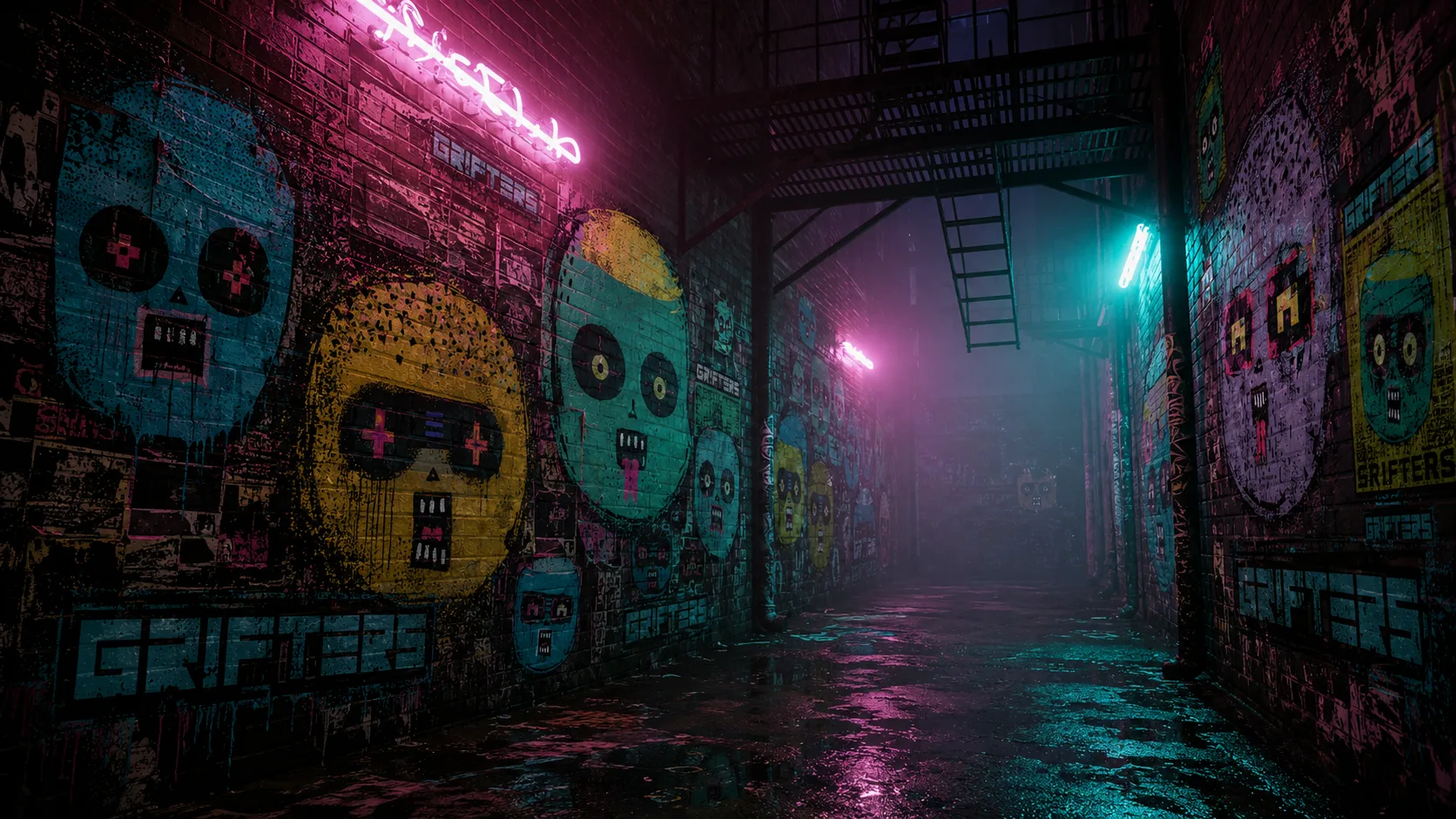Neon-lit back alley with GRIFTERS faces spray painted on brick walls