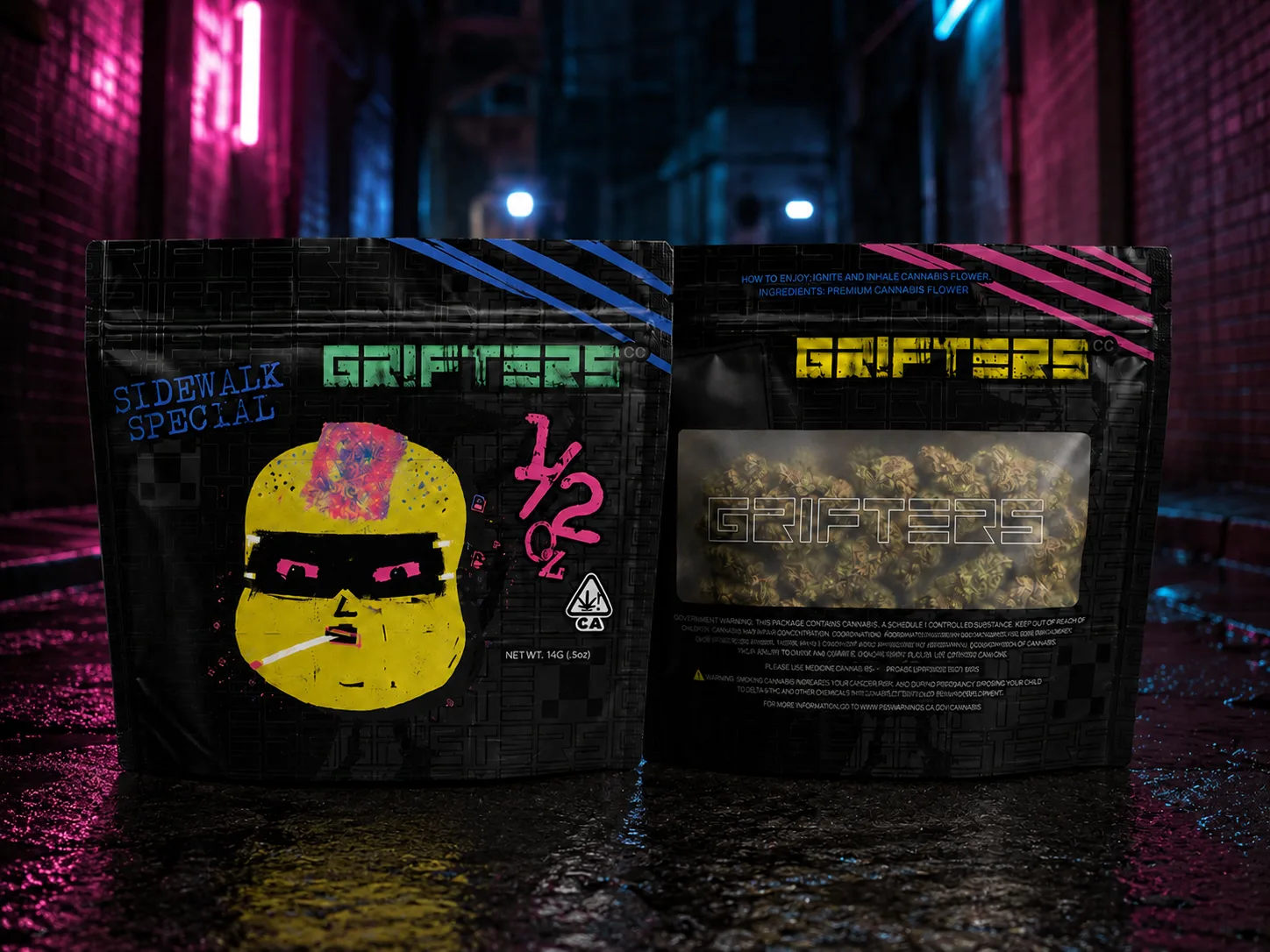 GRIFTERS 14G mylar yellow face product preview on wet alley asphalt with flower visible through the back window
